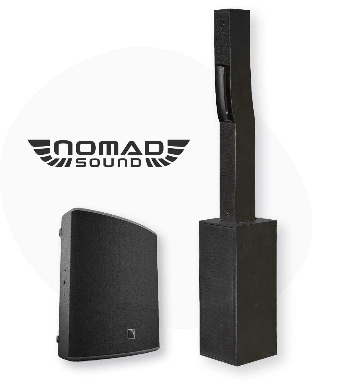 Two black speakers, one rectangular and vertical, the other slightly curved, are displayed in front of a white oval background with the Nomad Sound logo and stylized wing graphics above them.